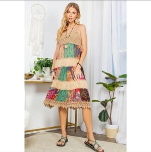 Boho Patchwork Crochet-Trim Midi Dress - Beige Multi